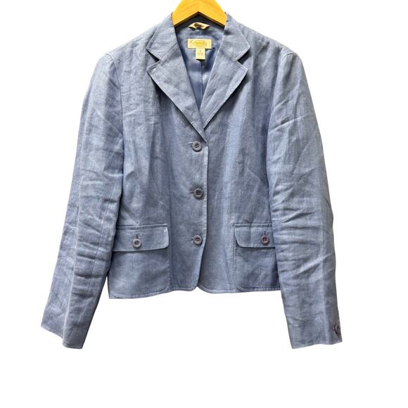 Talbots Blazer Womens 6 Blue Irish Linen Jacket Coastal 3 Button Crop Vintage - Picture 1 of 6